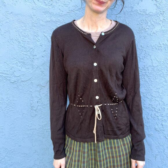 90s Brown Cardigan in Large Liz Claiborne preppy minimalist goblincore - Picture 4 of 13
